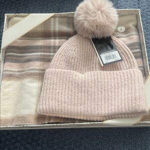 Nine West beige Knit Hat and Plaid Scarf Set